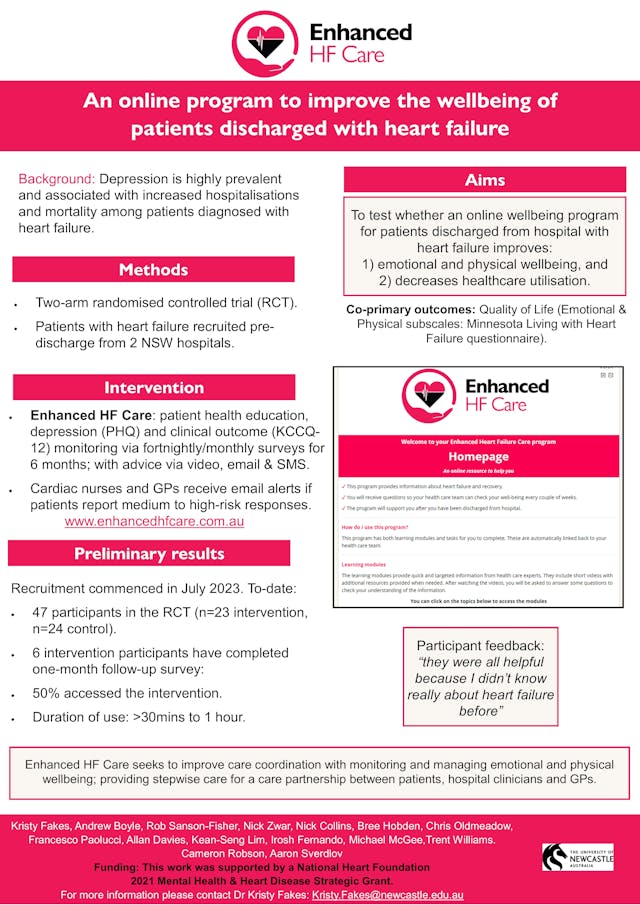 Image of poster called An online enhanced care program to improve the wellbeing of patients discharged from hospital with heart failure 