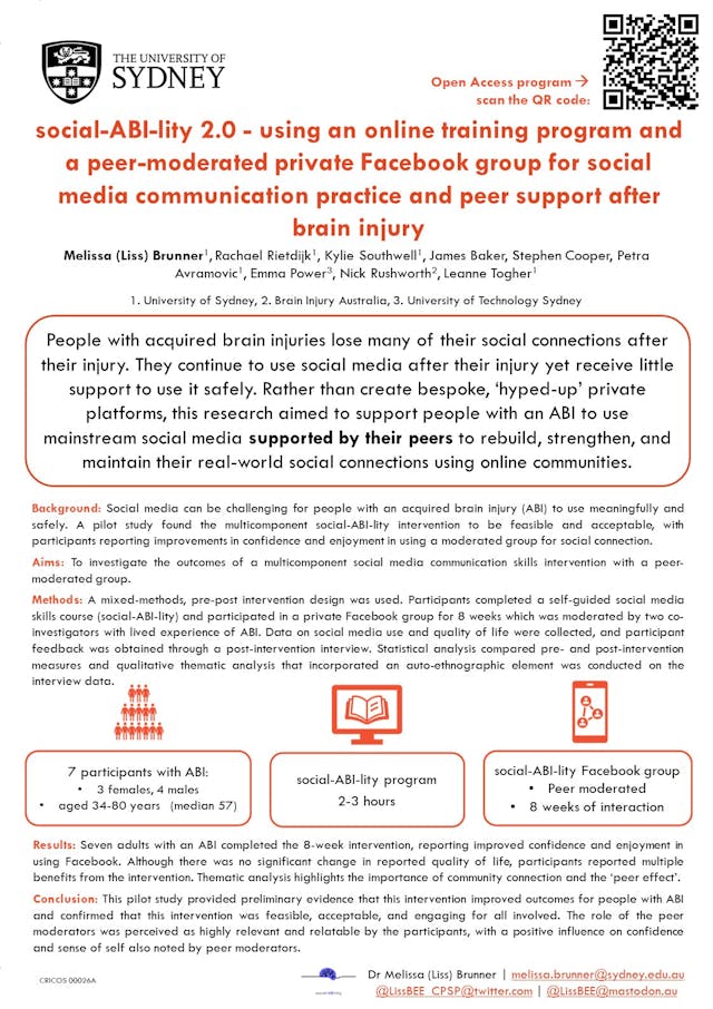 Image of poster called social-ABI-lity 2.0 - using an online training program and a peer-moderated private Facebook group for social media communication practice and support after brain injury
