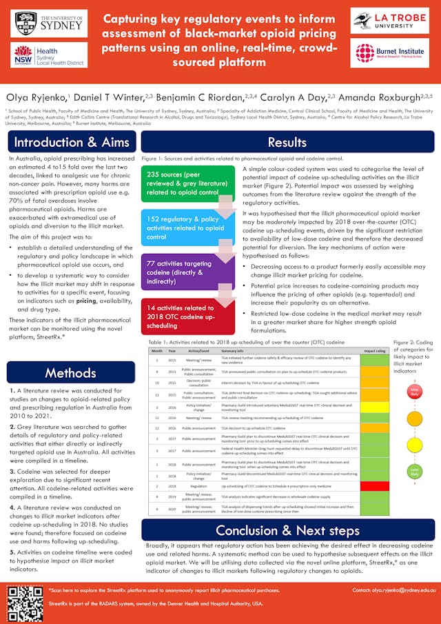 Image of poster called Capturing key regulatory events to inform assessment of black-market opioid pricing patterns using an online, real-time, crowd-sourced platform