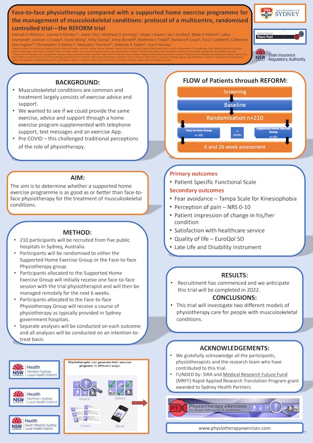 Image of poster called Face-to-face physiotherapy compared to a supported home exercise program for the management of musculoskeletal conditions: Protocol of a multicentre, randomised controlled trial: the REFORM trial