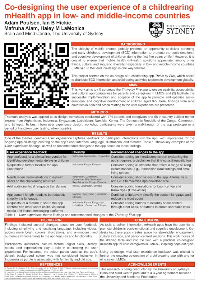 Image of poster called Co-designing the user experience of an mHealth app to support early childhood development in low- and middle-income countries