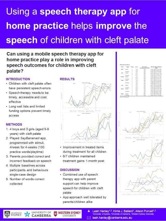 Image of poster called Can using a mobile speech therapy app for home practice play a role in improving speech outcomes for children with cleft palate? 