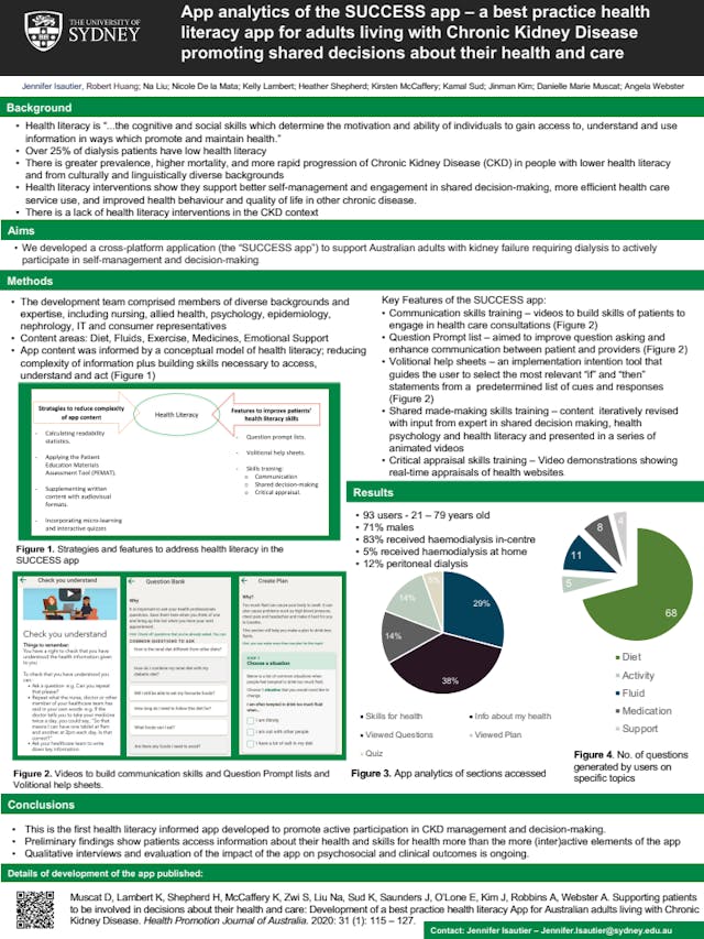 Image of poster called App analytics of the SUCCESS app – a best practice health literacy app for adults living with Chronic Kidney Disease promoting shared decisions about their health and care