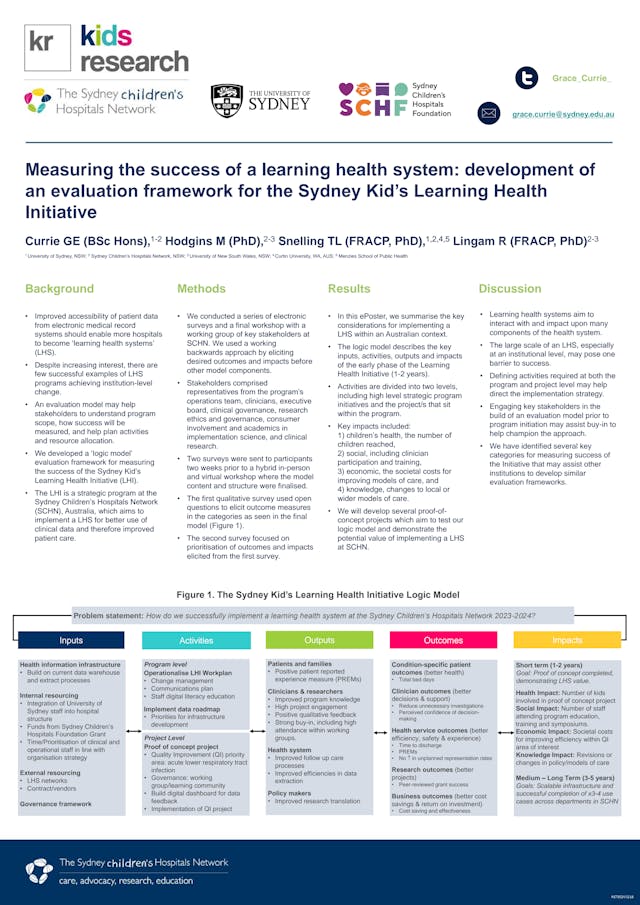 Image of poster called Measuring the success of a learning health system: development of an evaluation framework for the Sydney Kid’s Learning Health Initiative