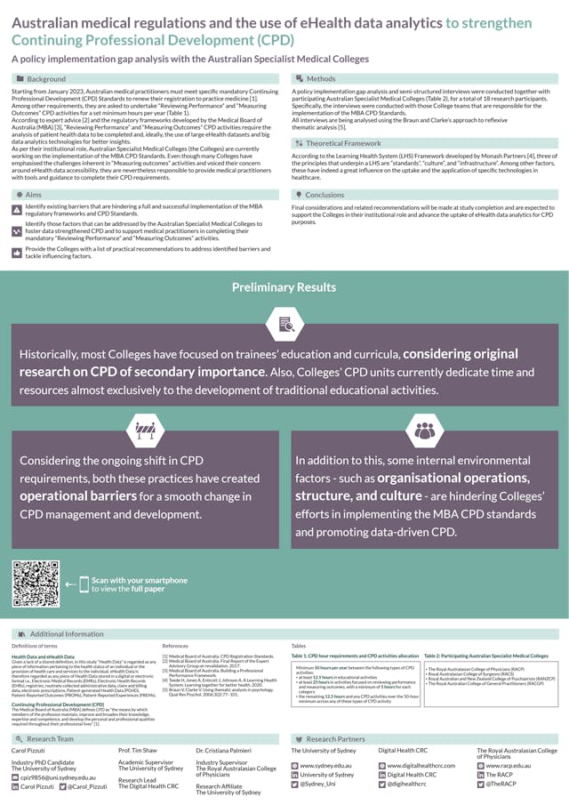 Image of poster called Australian medical regulations and the use of eHealth data analytics to strengthen Continuing Professional Development (CPD). A policy implementation gap analysis with the Australian Specialist Medical Colleges
